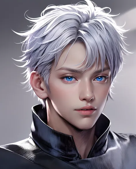 ((masterpiece, best quality)), (1boyl), (solo), (male focus),  gojo\(jujutsu kaisen\),(very detailed face, real image, realistic skin, realistic body, intricate details), upper body, focus on face, blue eyes, white hair, hair tied, far sleeve shirt, black ...