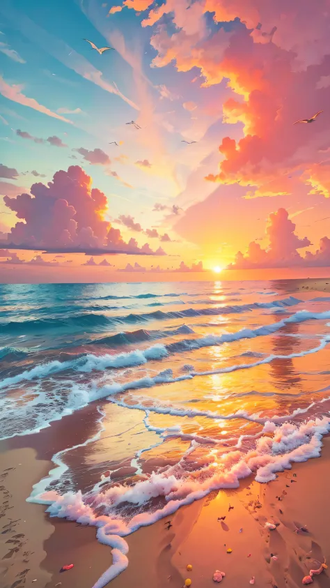 Sunset over the ocean with waves crashing on the beach - SeaArt AI