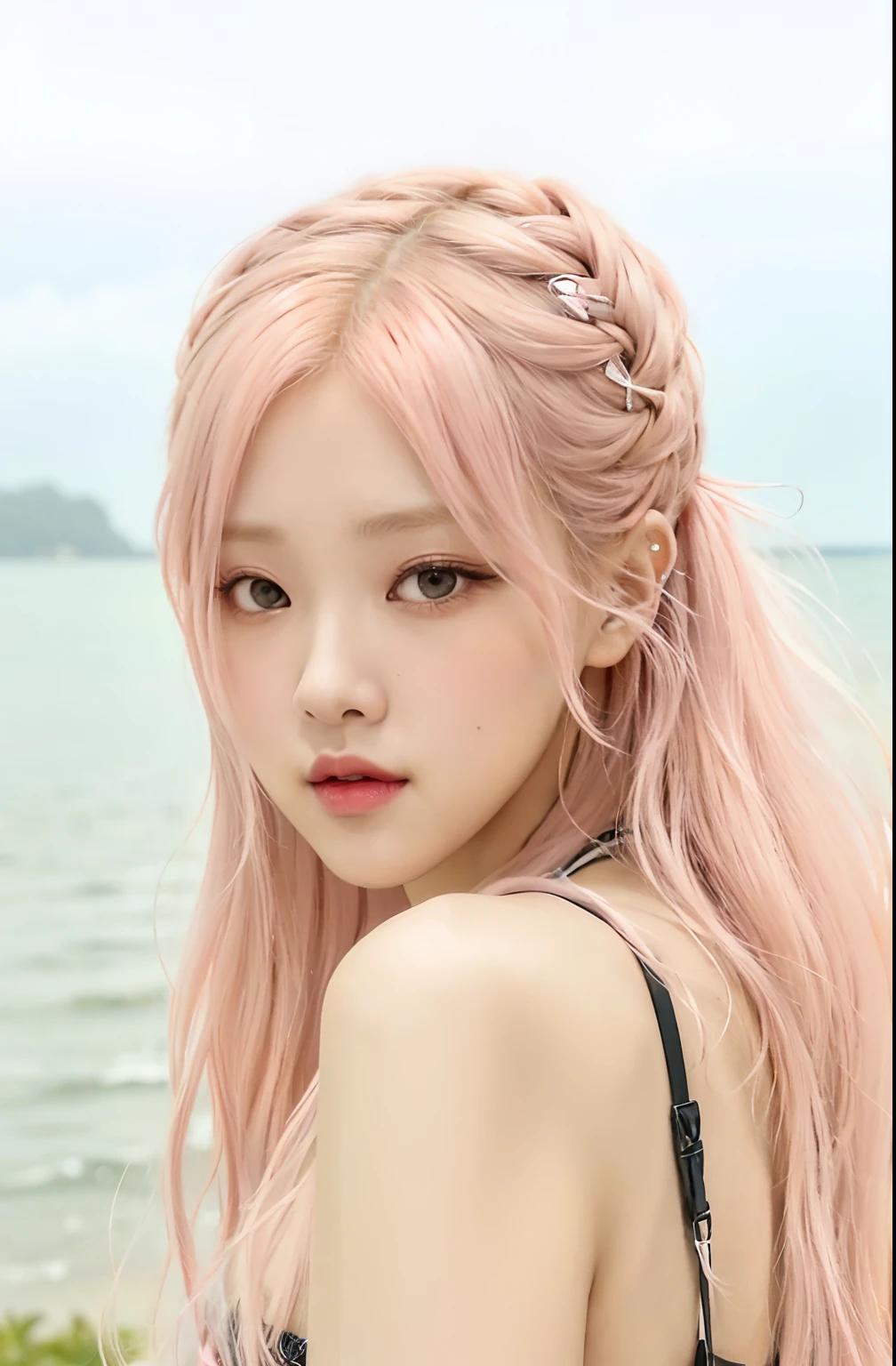 a close up of a woman with long pink hair near a body of water, roseanne park of blackpink, portrait of jossi of blackpink, jossi of blackpink, portrait jisoo blackpink, jisoo of blackpink, jisoo from blackpink, jia, jinyoung shin, portrait of female korean idol, bae suzy, sun yunjoo, with pink hair, blackpink, glowing peach face