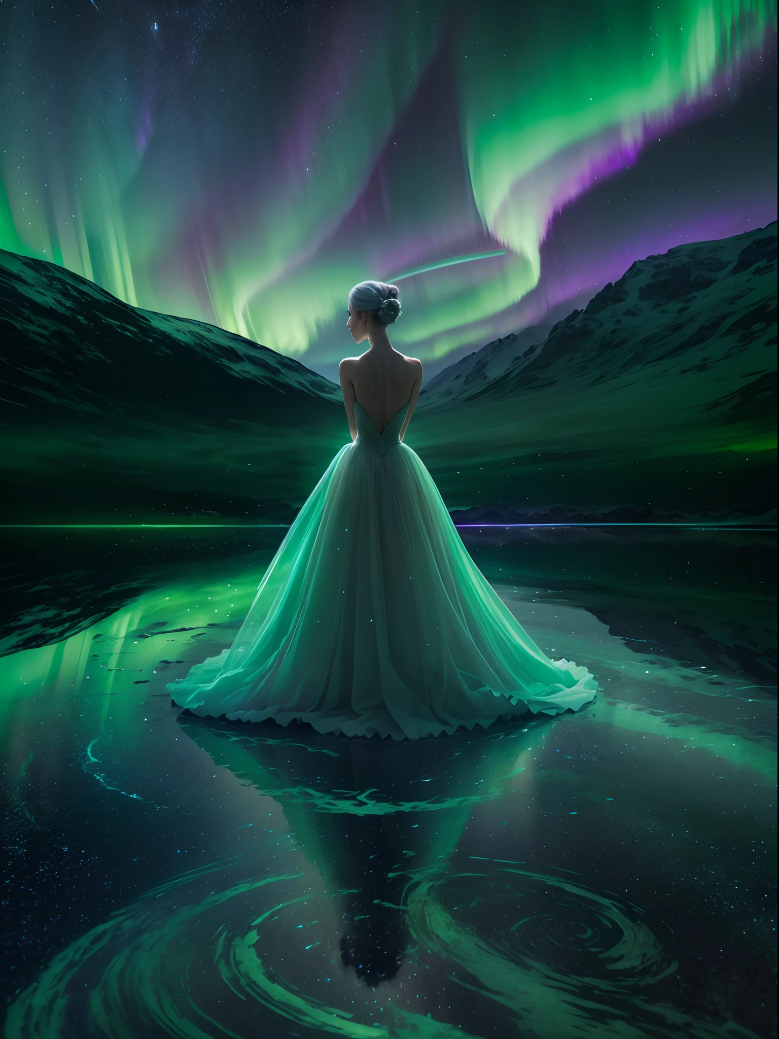 （Back of a ballet girl dancing under the Northern Lights）,Wear a long white ballet dress with many layers of yarn，（Girl back），（The Northern Lights merge on the girl's body），Smart，dream magical，
Green and purple Northern Lights meteor showers drill in the mountains, dramatic aurora borealis, northern lights background, Northern Lights on the background, aurora borealis, northern lights background, Magnificent background, with aurora borealis in the sky, The Northern Lights in space in surreal and dreamlike landscape style, Light black and emerald,  8K resolution,  minimalistbackground, Monochrome contemplation from an upward perspective，ultraclear