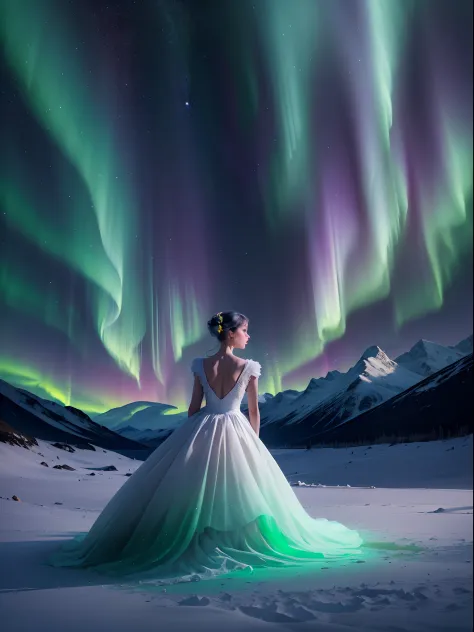 （Back of a ballet girl dancing under the Northern Lights）,Wear a long white ballet dress with many layers of yarn，（Girl back），（T...
