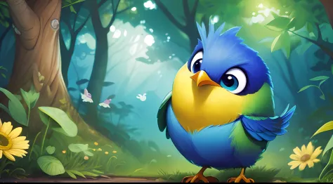 a blue, green and yellow bird with big eyes, in a magical forest, illustration for a children's book
