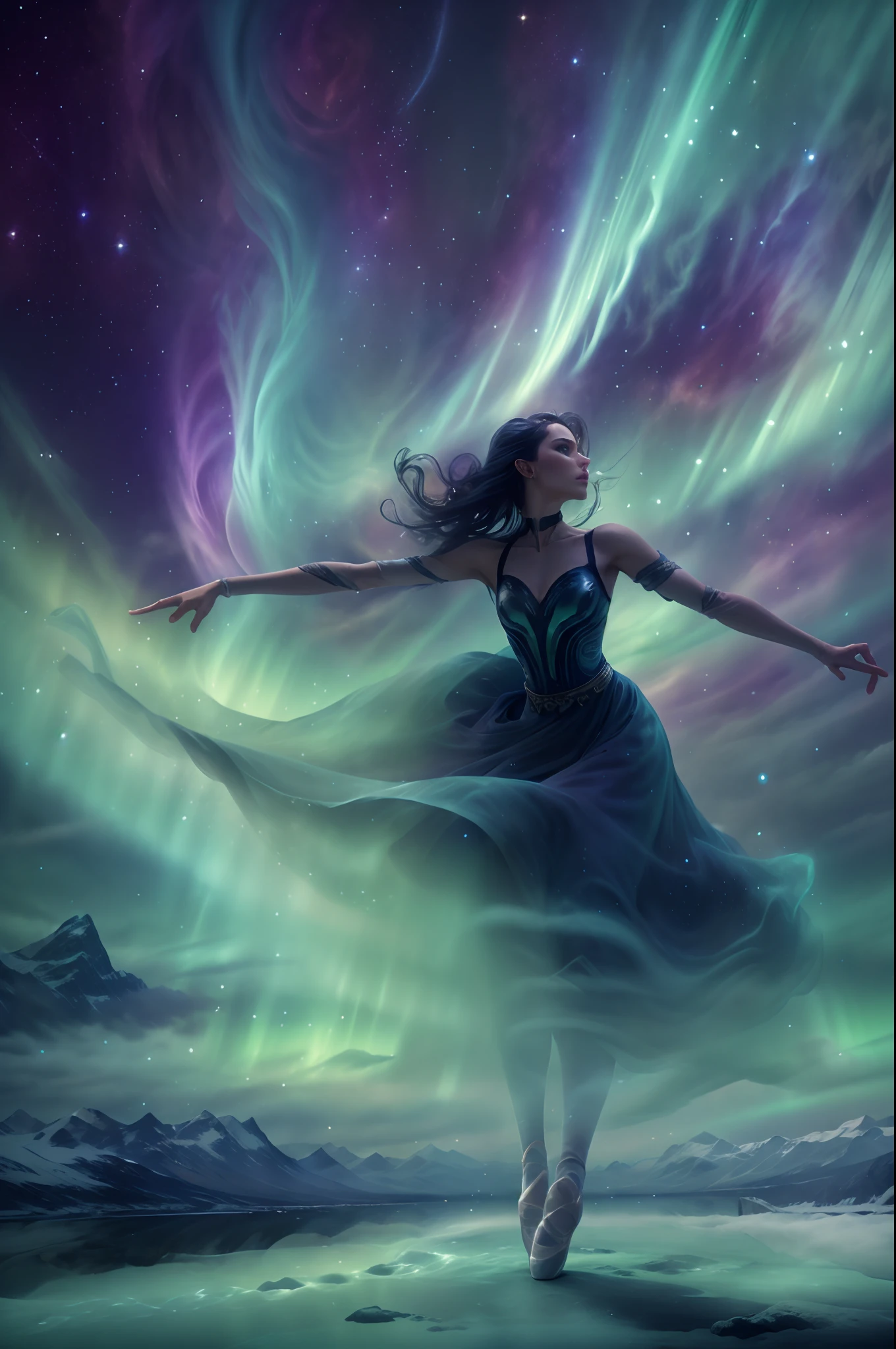 （北极光下冰岛上一位女演员跳芭蕾舞的背影),由烟雾制成, 绿色和紫色的北极光流星雨在山间穿梭, 戏剧性的北极光, 北极光背景,  北极光背景, 华丽背景, 天空中出现北极光, 超现实、梦幻般的太空北极光景观, 浅黑色和翠绿色, 8K 分辨率, 简约背景, 以向上的视角进行单色思考，超清晰的神秘芭蕾动作，动作柔和而动感, 烟雾效应和神秘性. 背景必须充满漩涡和动态彩色烟雾，穿上芭蕾舞者烟熏漩涡连衣裙.灵感来源于一件飘逸的紫色烟熏连衣裙，伴随着快速旋转的动作, 关键要素::传达神秘, 烟雾缭绕，色彩缤纷的氛围.强调动态, 构图中的旋转运动.只关注视觉图像; 排除任何文本.其他指南:艺术作品应该唤起一种好奇和惊奇的感觉.以快节奏和流畅的动作捕捉芭蕾的精髓.