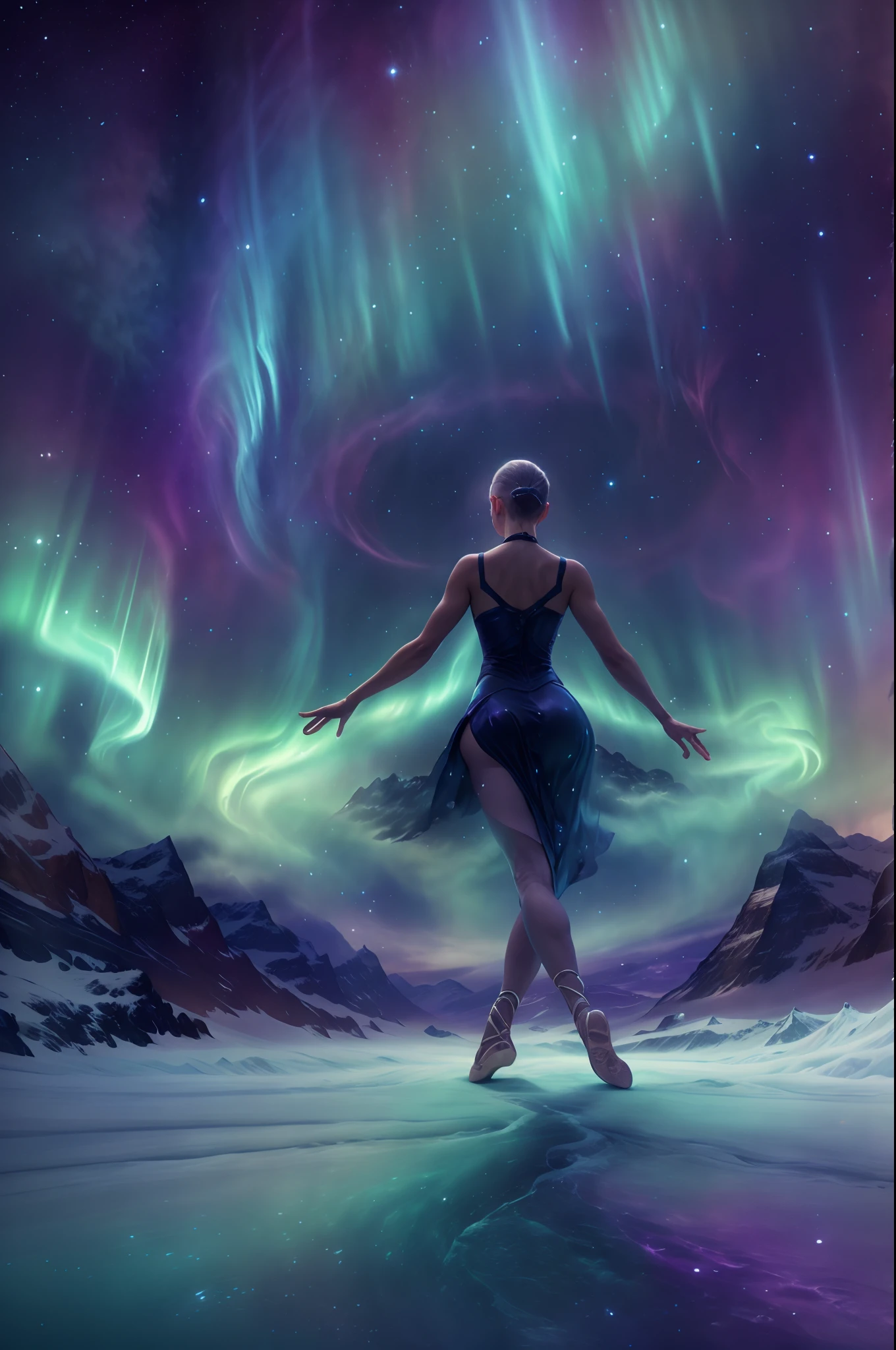 （北极光下冰岛上一位女演员跳芭蕾舞的背影),由烟雾制成, 绿色和紫色的北极光流星雨在山间穿梭, 戏剧性的北极光, 北极光背景,  北极光背景, 华丽背景, 天空中出现北极光, 超现实、梦幻般的太空北极光景观, 浅黑色和翠绿色, 8K 分辨率, 简约背景, 以向上的视角进行单色思考，超清晰的神秘芭蕾动作，动作柔和而动感, 烟雾效应和神秘性. 背景必须充满漩涡和动态彩色烟雾，穿上芭蕾舞者烟熏漩涡连衣裙.灵感来源于一件飘逸的紫色烟熏连衣裙，伴随着快速旋转的动作, 关键要素::传达神秘, 烟雾缭绕，色彩缤纷的氛围.强调动态, 构图中的旋转运动.只关注视觉图像; 排除任何文本.其他指南:艺术作品应该唤起一种好奇和惊奇的感觉.以快节奏和流畅的动作捕捉芭蕾的精髓.