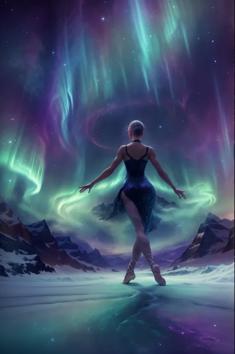 （The back of an actress dancing a ballet on Iceland in the Northern Lights),made of smoke, Green and purple Northern Lights mete...