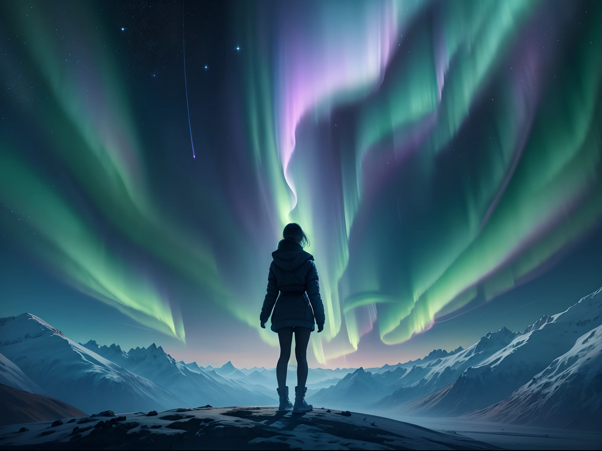 （Back of a dancing girl under the Northern Lights）,
Green and purple Northern Lights meteor showers drill in the mountains, dramatic aurora borealis, northern lights background, Northern Lights on the background, aurora borealis, northern lights background, Magnificent background, with aurora borealis in the sky, The Northern Lights in space in surreal and dreamlike landscape style, Light black and emerald,  8K resolution,  minimalistbackground, Monochrome contemplation with an upward perspective，ultraclear