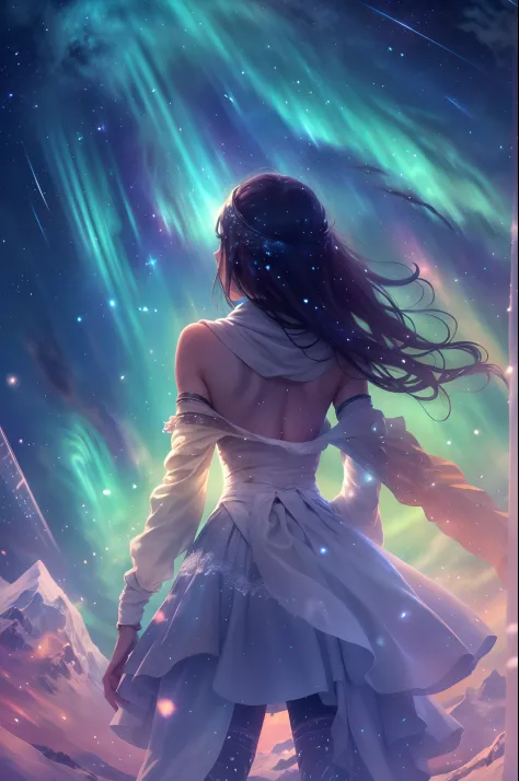 (The back of a girl dancing a sword under an iceberg in a Northern Lights meteor shower),aurora,Starry sky,Snow,High hills,glist...