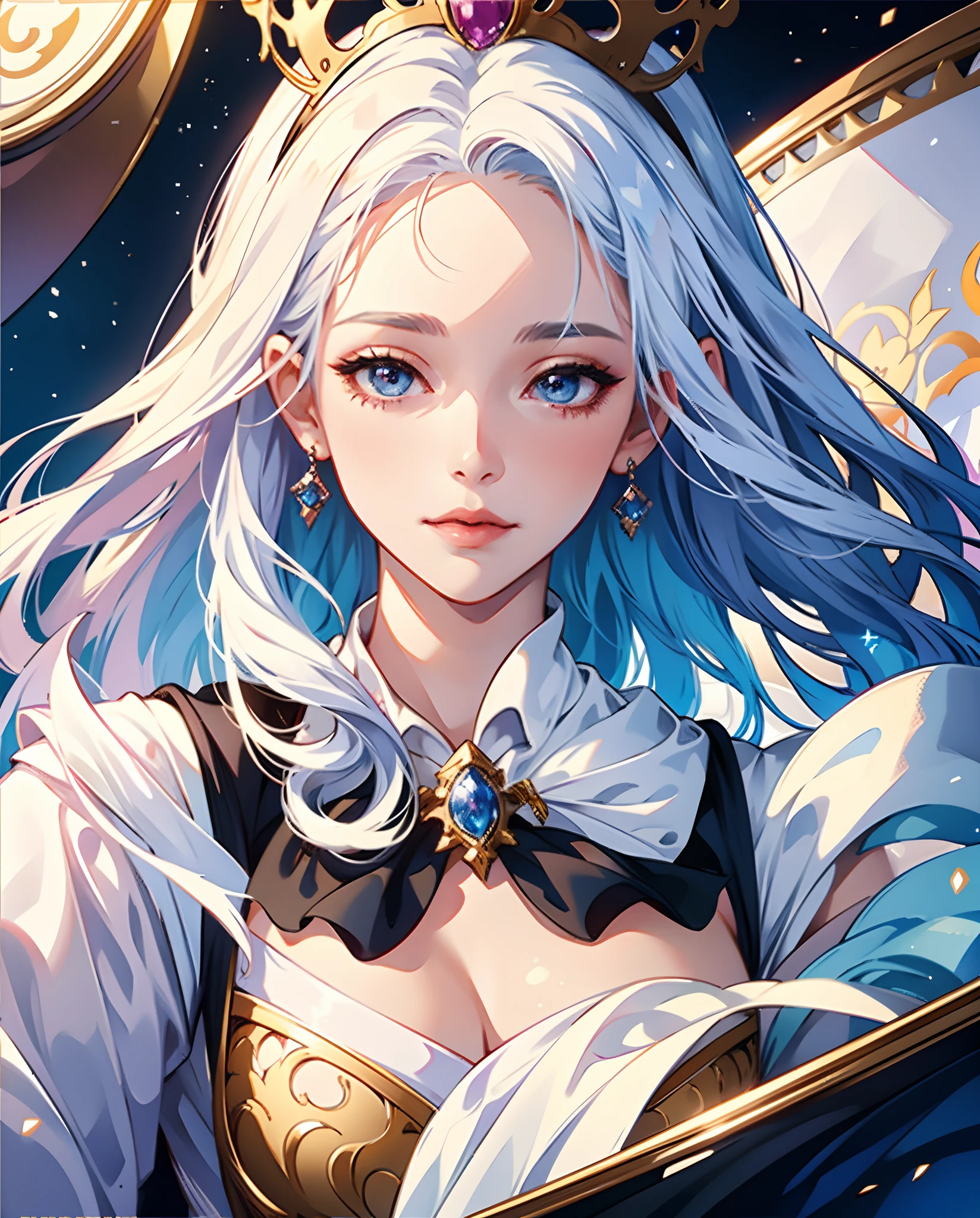 There is a woman in a white dress with a crown on her head, a beautiful fantasy queen, ((beautiful fantasy queen)), a close up potrait ortrait of a princess, a work of art in the Guvez style. 5D CGI anime fantasy artwork, 8K high quality detail art