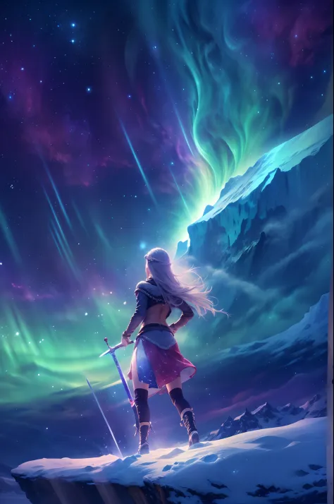 (the back of a girl dancing a sword under an iceberg in a northern lights meteor shower),aurora,starry sky,snow,high hills,glist...