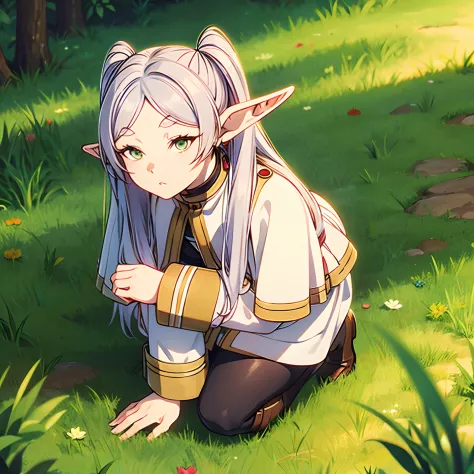 a woman in a dress kneeling on the ground, long hair, blush, bangs, long sleeves, twintails, green eyes, ass, flower, white hair...