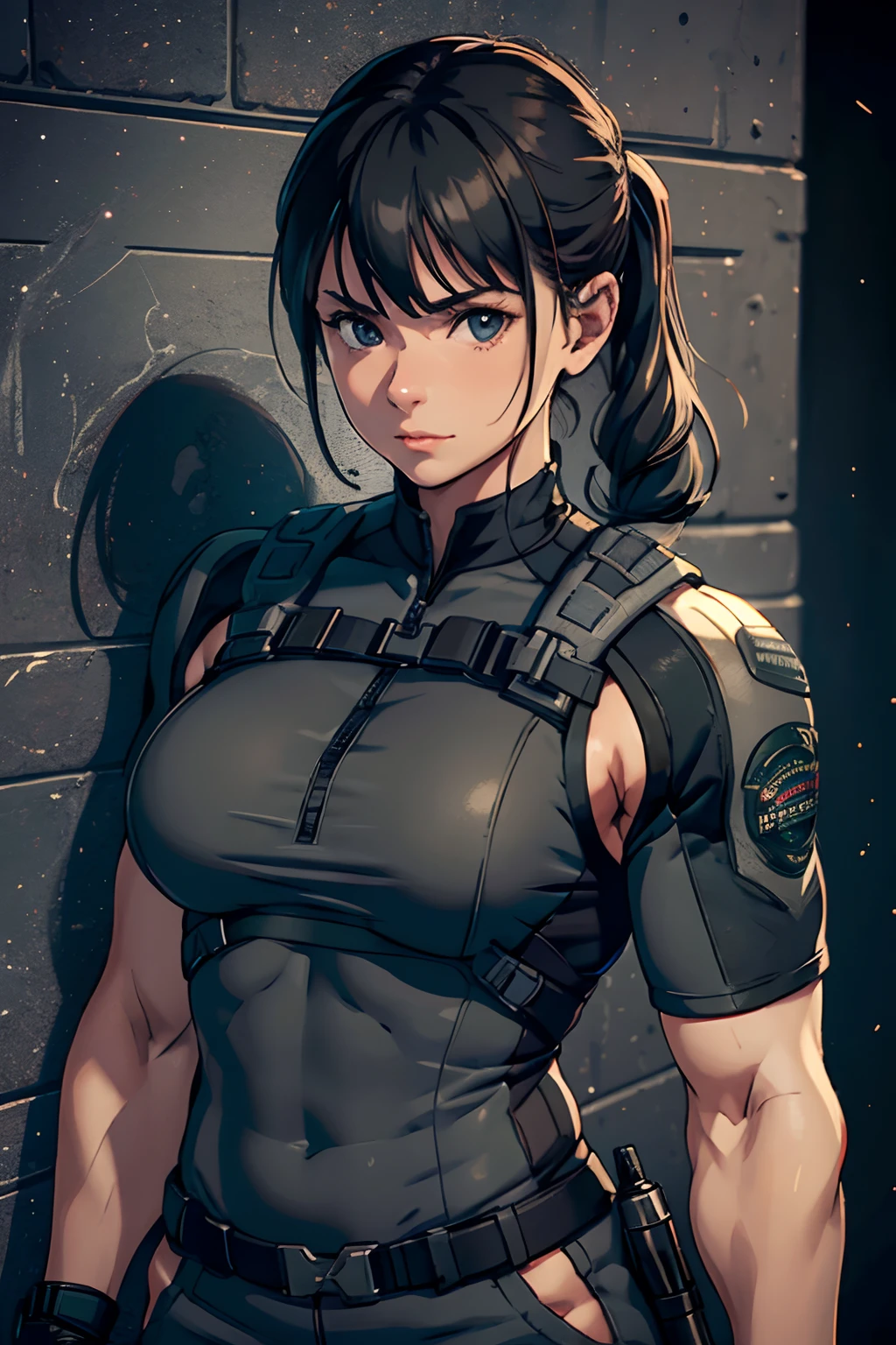 1 Girl, solo, 30 year old, Chris Redfield, Caucasian, wearing grey T-shirt, smirks, black color on the shoulder and a bsaa logo on the shoulder, military tactical suit, tall, breasts, bust, best quality, masterpiece, high resolution:1.2, upper body shot, no background.