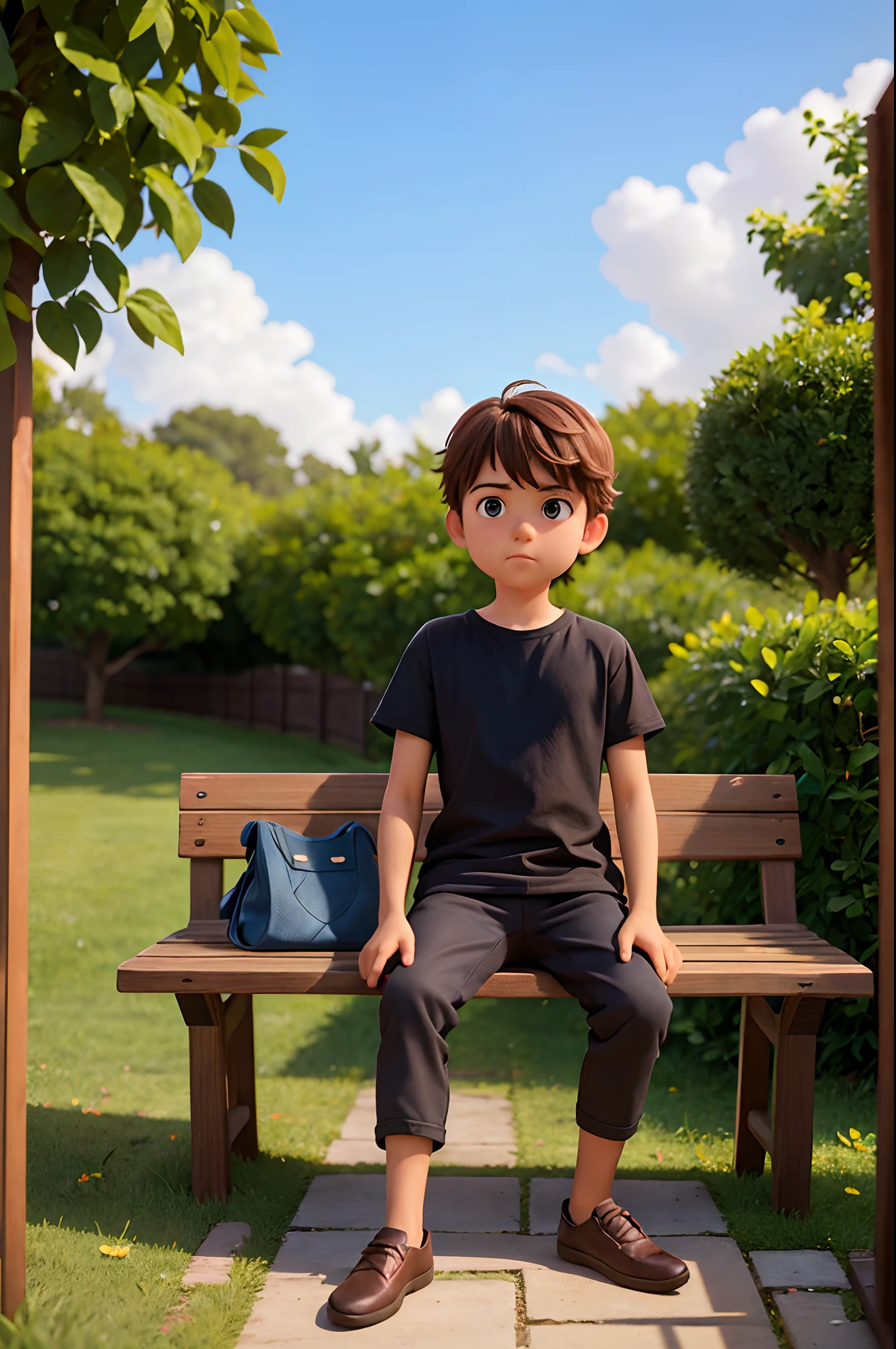 圖像中一個小男孩坐在木凳上, 位於柵欄附近. 這個男孩穿著一件黑色襯衫，似乎正在看著鏡頭. 長椅位於場景中央, 柵欄延伸到影像的左側和右側. 男孩的姿勢和長凳的存在表明這可能是公園或類似的戶外環境.以動畫風格產生此圖像