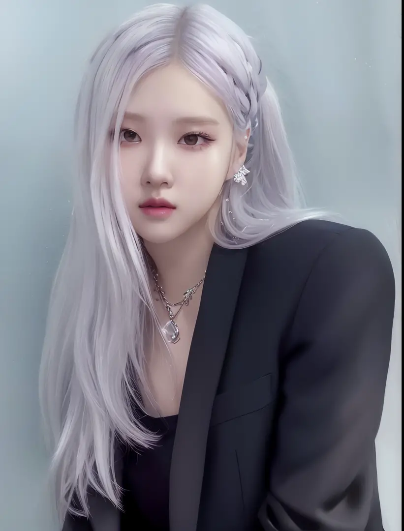 a close up of a person with a necklace and a suit, girl silver hair, silver hair girl, inspired by Yanjun Cheng, portrait of jossi of blackpink, inspired by Kim Deuk-sin, with long white hair, inspired by jeonseok lee, inspired by Sim Sa-jeong, with white ...