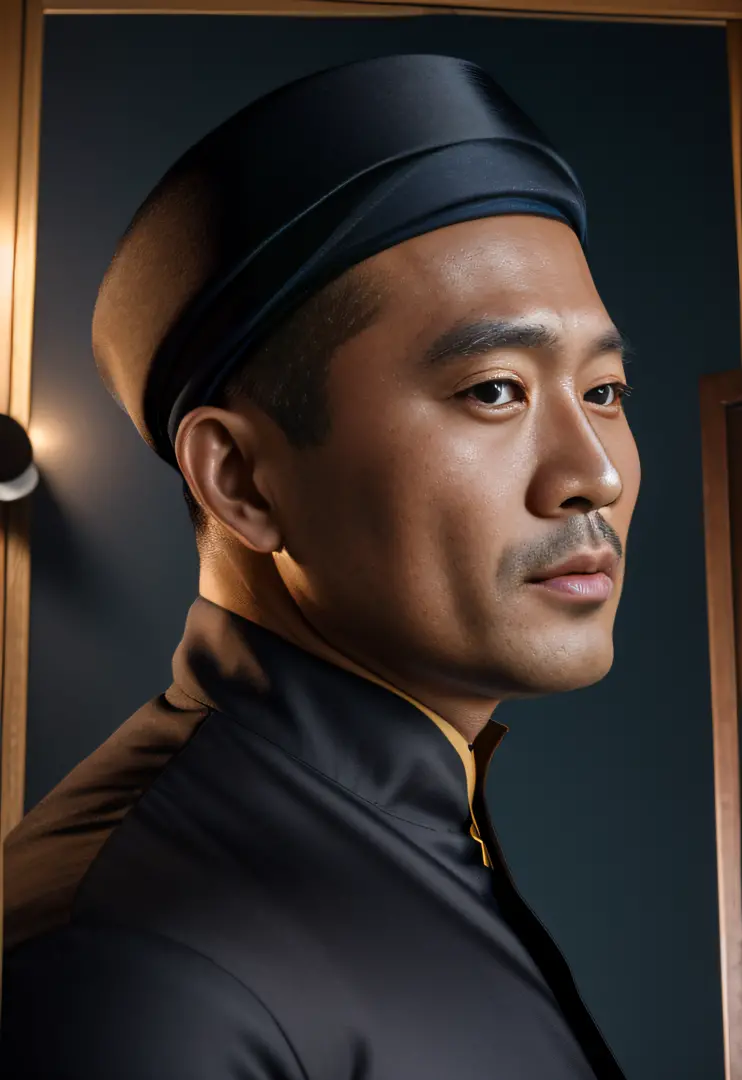 highly realistic photo, image of a 40 year old asian man, turban, (black) traditional men's (ao dai), photo taken in 1965 with a...