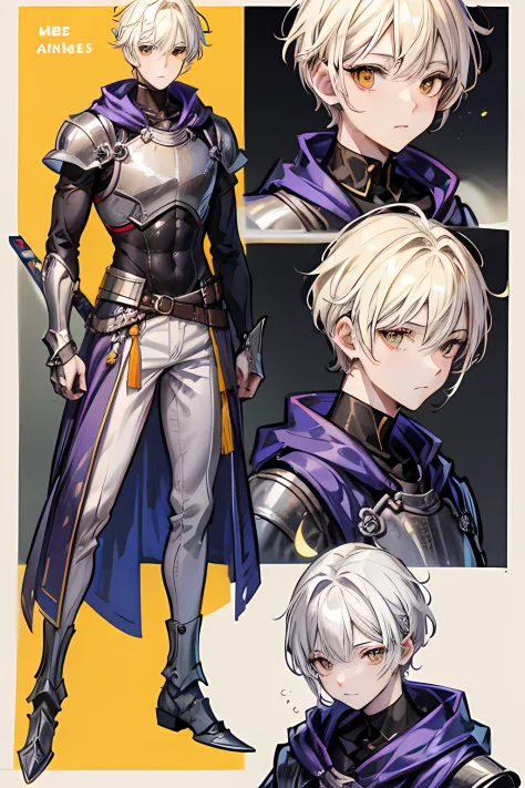 character sheet, A 22-year-old man with short light-yellow hair, Handsome, neatly styled with a buzz cut, and orange eyes, He is a noble's guard from a border city and has a small scar on his cheek. He is wearing lighter and simpler armor, standing confide...