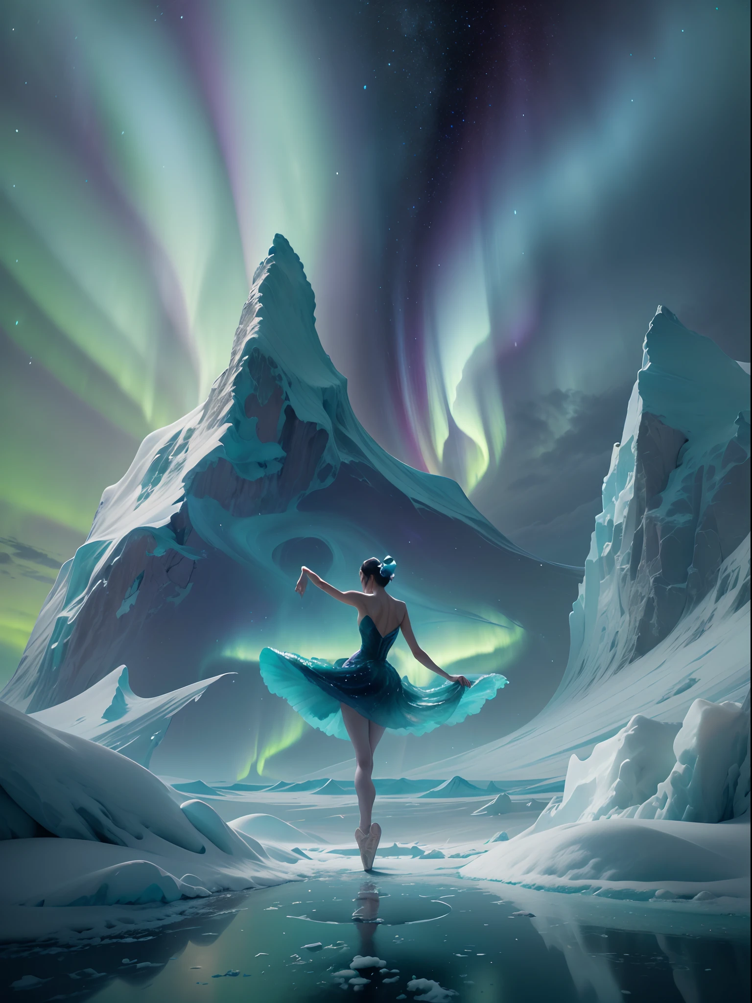 （The back of an actress dancing ballet on an iceberg floating island of the Northern Lights)，（Dancing backs：0.8），Smoked skirt，Fluttering hair， (Beautiful silhouette：1.0）
Green and purple Northern Lights meteor showers drill in the mountains, Towering icebergs，The earth was covered with snow，An island floating in the sea，Auroras also illuminate the ocean beneath the ice，It animates the entire ocean，The silence and mystery of the landscape:0.7, The beauty of celestial bodies:0.6, Natural phenomena:0.5, Ethereal，dramatic aurora borealis,，Ballerina teal dress，Flowy purple smoky dresses and fast-spinning movements are a source of inspiration, Key elements::conveying a sense of mystery, smooggy，Emphasis on dynamics，minimalistbackground, （Look upwards），inverted image，ultraclear，Epic graphics