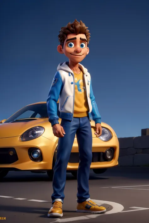 Personagem loiro, Light skin color and blue eyes with a white leather jacket and with a golden scorpion emblazoned on his back with a car behind him and him looking with his back to the camera