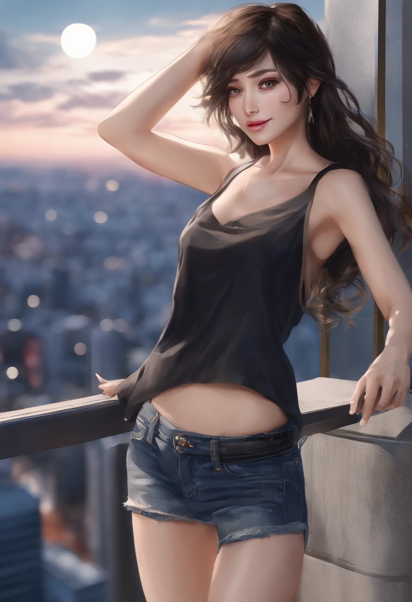 ((Midnight, Best Quality, 8K, masutepiece :1.3)), Whole body, Long legs, Sharp Focus :1.2, A pretty woman with perfect figure :1.4, Slender Abs, slender thigh :1.1, ((Black hair, Bangs, Layered Haircut, Big breasts :1.2)), (Sleeveless shirt, jean shorts, Standing:1.2), ((Night City View, On the rooftop:1.3)), Highly detailed face and skin texture, Detailed eyes, 二重まぶた, Sexy Pose, close up