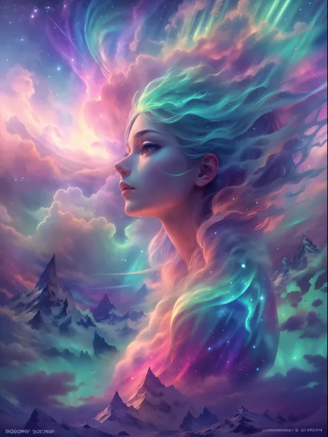 ((Best quality)) , ((Masterpiece)) , (Detailed) , Bloom in brilliant colors,Deafening landscape (aurora:1.3),facial,(Fantasy ill...