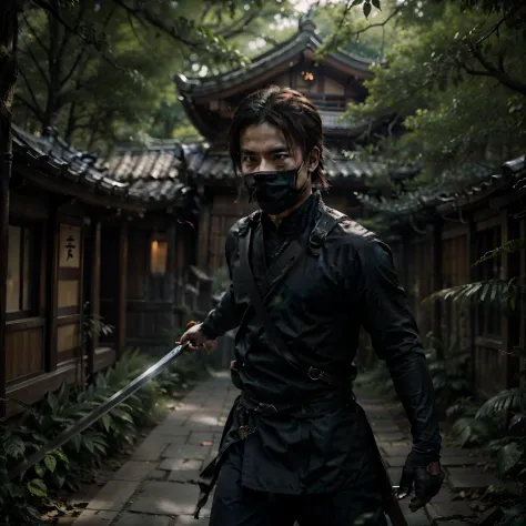 Cinematic photo, A ninja with a sword sneaks through the trees in the zhlungs, 电影灯光, cinematic quality, Film grain, Maximum real...