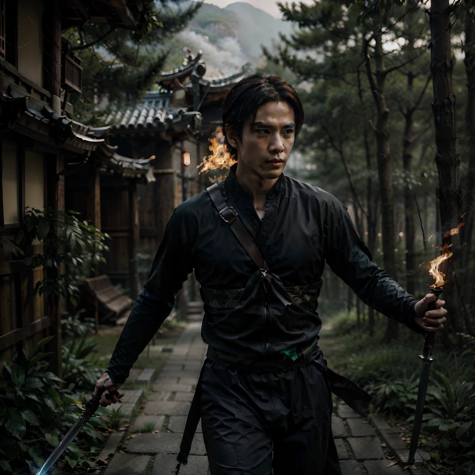 Cinematic photo, A ninja with a sword sneaks through the trees in the zhlungs, Movie Lighting, cinematic quality, Film grain, Maximum realism, hight resolution, higly detailed