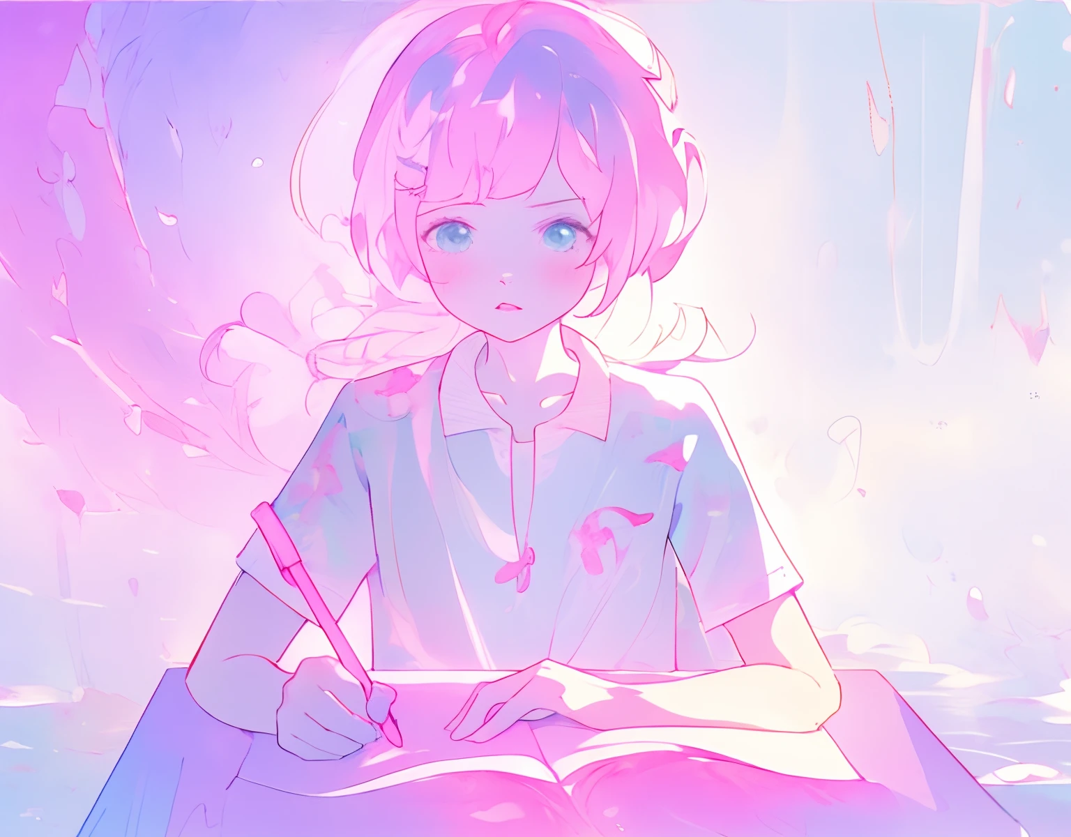 (Best quality,4K,8K,A high resolution,Masterpiece:1.2),Ultra-detailed,Realistic,Photorealistic:1.37,A girl who concentrates on her studies,Beautiful and delicate eyes and lips,Pink hair,Cartoon style illustration,Flat cartoon style,Clean and sophisticated cartoon style,Pastel colors,Soft lighting