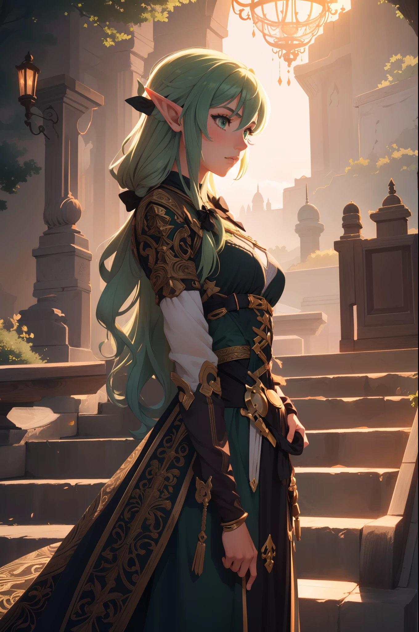 (masterpiece, best quality),  intricate details,
1girl,    high_elf_archer, elf, pointy ears, long hair, sidelocks, hair bow, black bow, small breasts, hair between eyes, green hair, 
  peachdress, fantasy warrior dress, game character