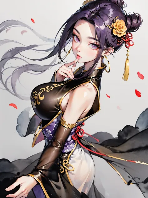 (((((((Chinese ink painting，watercolor paiting，ancient chinese costume,bare shoulders,very long sleeves,purple hair,see-through ...