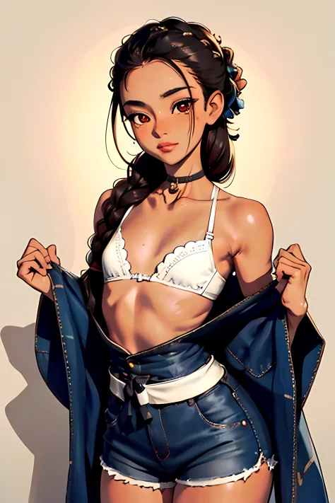 femboi， ((Masterpiece)), (1 girl), (Cute: 2.0), The face is extremely detailed, Enchanted expression, Strong gaze, Black Double French Braid, (Thin structure), Japanese girl, Slightly round face, Tanned brown face, Healthy face, Big eyes, Shorts, Thin thig...