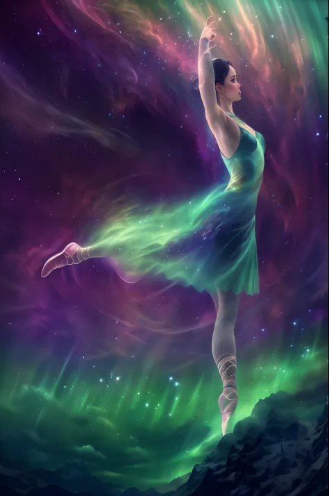 （Back of a ballerina made of smoke under the Northern Lights）, Green and purple Northern Lights meteor showers drill in the moun...