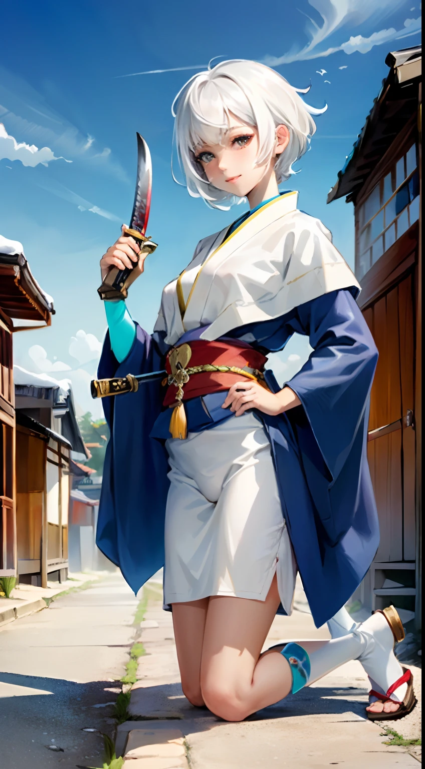 {{{masterpiece}}}, {{{best quality}}}, {{ultra-detailed}}, {illustration}, {{an extremely delicate and beautiful}},(Edo townscape),1girl,smile, cute girl, solo, japanese clothes,short hair, (white hair:1.5),weapon,( sword:1.2), brown eyes, looking at viewer, kimono,(Clothes come off:1.5), brown hair, lips, hand on hip,( sheath:1.2),( katana:1.3), full body, closed mouth, sheathed, hand up,(upskart:1.5),(white panties:1.2),(Kneeling:1.3)