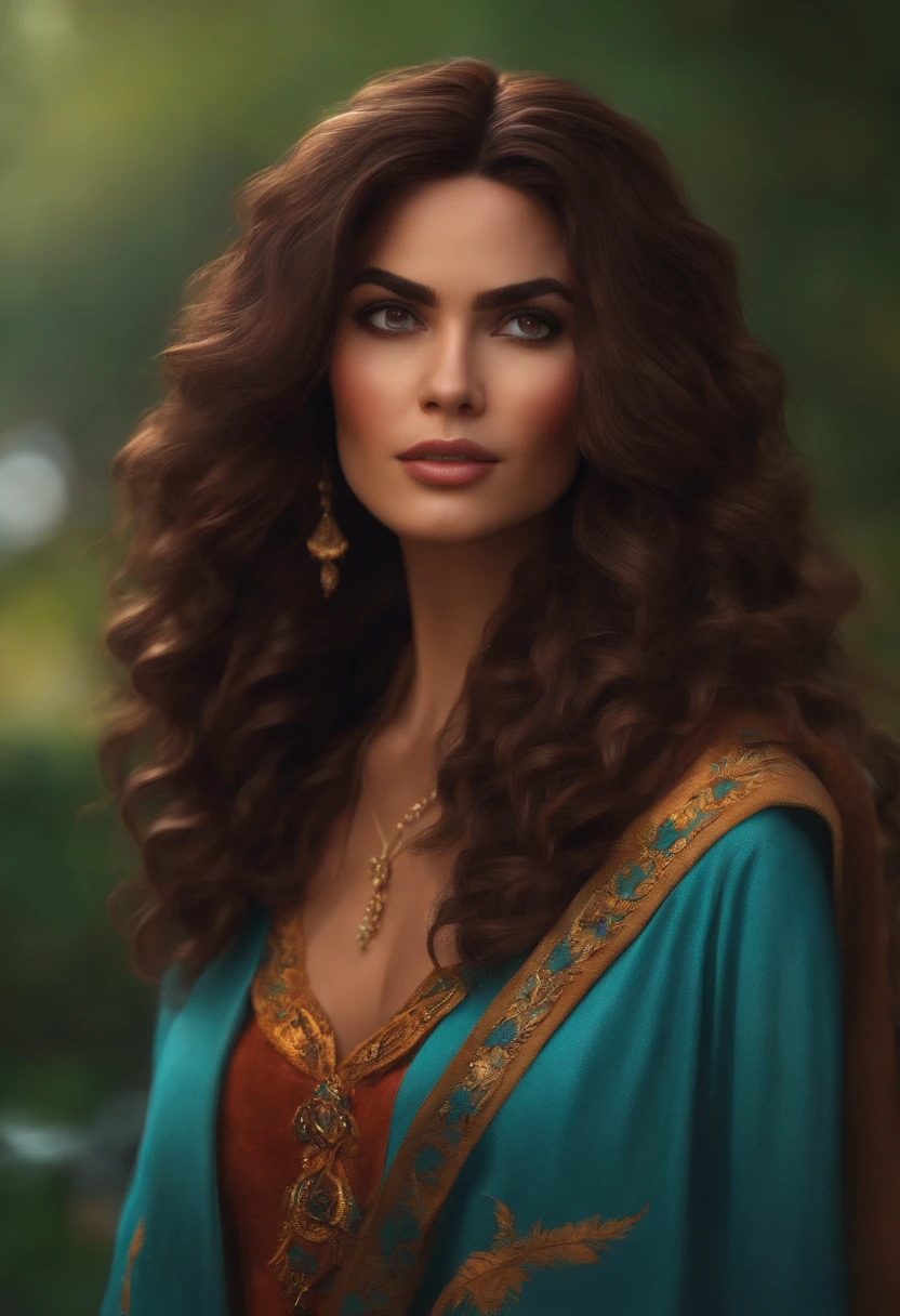 A woman with long brown hair wearing a blue dress and gold jewelry - SeaArt  AI