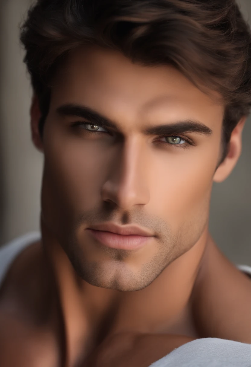 Realistic Handsome muscular guy with hazel eyes, dark brown hair