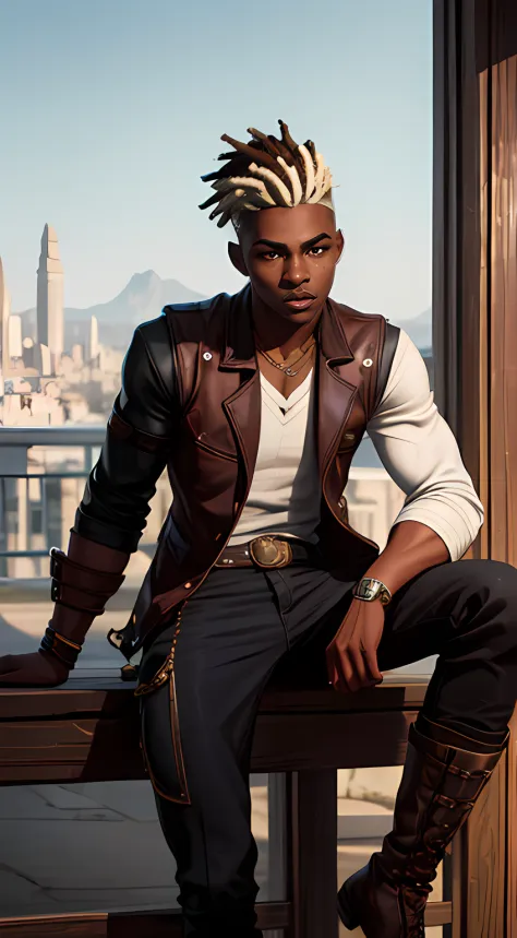 ekko arcane , arcane ekko much details , 1man , young man 16 years old ,1boy, solo, dark-skinned male, dark skin, ((brown eyes :...