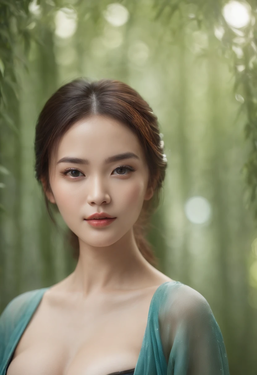 1Beautifulwoman, Kungfu, Green bamboo forest, Surrounded by rain, Illustration style, Motion blur, Open dress, Breasts, cleavage, Prolonged exposure to the whole body, Exquisite facial features, Chinese ink style, Martial arts style, selective focus, in a panoramic view, (Bokeh:1.5)