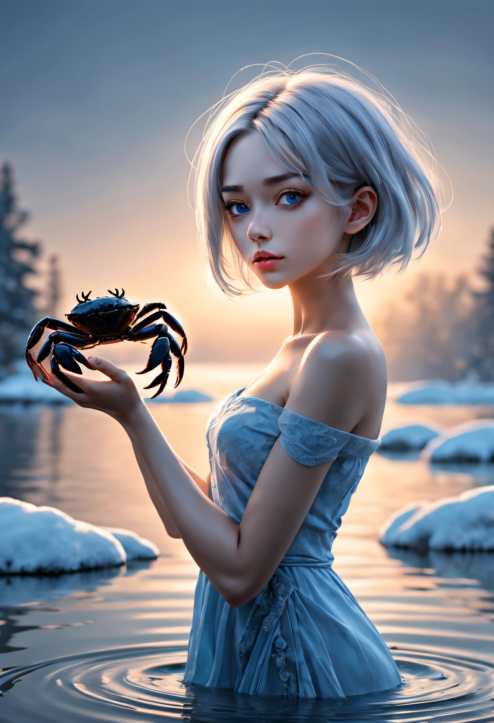 belle fille, attraper un crabe, netteté, 8k, composition parfaite, tendance sur art station, photographie primée, cinématique fluide, détail complexe, très détaillé, corps mince, cheveux courts argentés, yeux bleus, Tout le corps, par le bas, éclaboussure, art fractal, Dieu Ray, rivière, neige, l&#39;adolescence