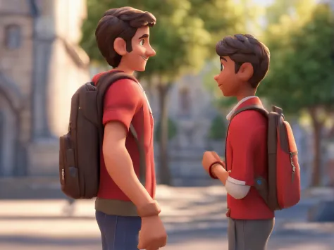 Create a cover-style image from the 3D Pixar movie How to Train Your Dagger of a young man dressed in a red shirt and a black backpack standing on the sidewalk. He is looking at the camera head on. The man wears a necklace with a brown wooden cross, which ...