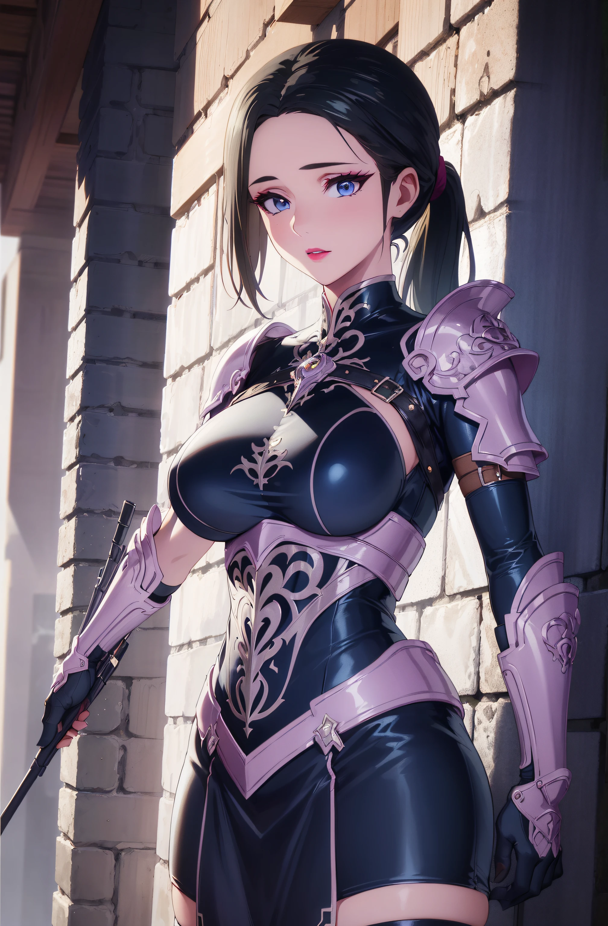 (masterpiece, best quality, 16k, 8k, ultra highres, plain white background, long hair, black hair, blue eyes, ponytail, highres:1.0), haruhiko_ichijou, makeup, purple lipstick, purple eyeshadow, beautiful face, hyperdetail face, hyperdetail armor, black gloves, blue footwear, blue thighhighs, boots, breastplate, covered navel, dress, gauntlets, gloves, headgear, (((large breasts:1.2))), (((solo:1.5))), ((milf, mature female, 35yo)), gorgeous body, (((upper body, half body shot:1.5))), ((hyperdetail eyeshadow, hyperdetail lipstick)), (((looking at the camera, symetrical, sharp focus, intricate detail, elegant, concept art, cinematic))), (direct view:1.4),