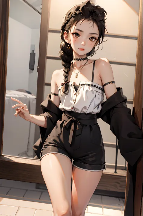 femboi， ((Masterpiece)), (1 girl), (Cute: 2.0), The face is extremely detailed, Enchanted expression, Strong gaze, Black Double French Braid, (Thin structure), Japanese girl, Slightly round face, Tanned brown face, Healthy face, Big eyes, Shorts, Thin thig...