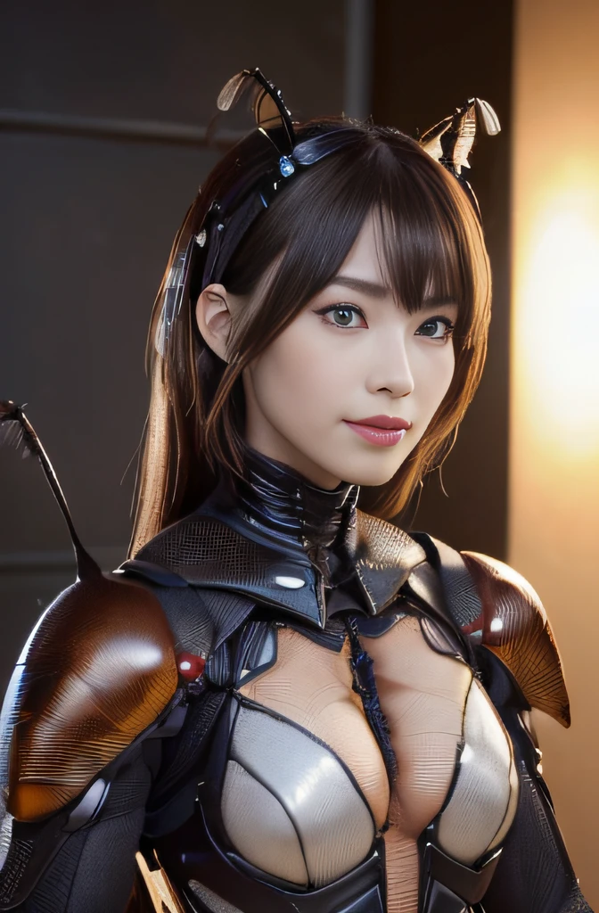 (high resolution,masterpiece,best quality,extremely detailed CG, anime, official art:1.4), realistic, photo, amazing fine details, all intricate, gloss and shiny,awesome many layers, 8k wall paper, 3d, sketch, kawaii, illustration,( solo:1.4), perfect female proportion,villainess, (fusion of dark brown cockroach and lady:1.4), (brown cockroach form lady:1.2), (brown cockroach lady:1.2), (fusion:1.2), (solo:1.4), (evil smile:1.2), muscular, abs, (cockroach brown exoskeleton bio insect suit:1.4), (cockroach brown exoskeleton bio insect armor:1.2), (brown transparency cockroach wing:1.4), (brown cockroach antennae:1.3),