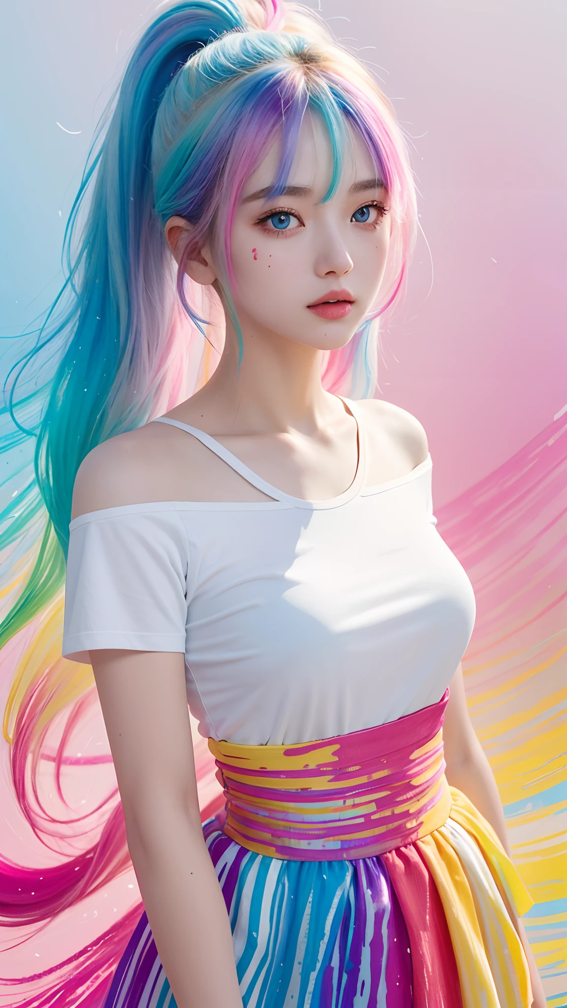 （Pink fashion T-shirt：1.9），（Colorful hair：1.8），（Rainbow all colors：1.8），（（（（Vertical painting：1.6)）），（painting of a：1.6），frontage，comic strip,illustration,painting of a,largeeyes,crystal-clear,（rainbow color gradient high ponytail：1.7）,Delicatemakeup,Keep one's mouth shut,long eyelasher,White shoulder T- shirt, White Shoulder Shirt，looking at viewert，watery big eyes，(rainbow colour hair：1.6), color splash, （solo：1.8）, color splash, color explosion, colour splash, color explosion, Thick lacquer style，Messy lines，((shining)) ，(colorful), (colorful), (colorful), colorful, Thick Paint Style, (Splash) (Color Splash), Vertical Painting, Upper Body, Paint Splash, Acrylic Pigment, Gradient, Paint, Highest Image Quality, Highest image quality, Masterpiece, Solo, Depth of Field, Face Paint, colorful clothes, (ellegance: 1.2), opulent, long whitr hair, ventania, (ellegance: 1.3), (petals: 1.4)，(((masterpiece))),(((Best quality at best))),((ultra - detailed)),(illustratio),(dynamic angle),((floatking)),(Paintwork),((Loose hair)),(solo),(1girl) , (( (Detailed anima face))),((Beautiful detailed face)),collars,exposed bare shoulders,whaite hair,((The color hair)),((Striped hair)),Beautiful detailed eyes，(Gradient color eyes),(( （Colored eyes））），（（（coloured background））），（（（high saturated））），（（（Surrounded by colorful splashes））），