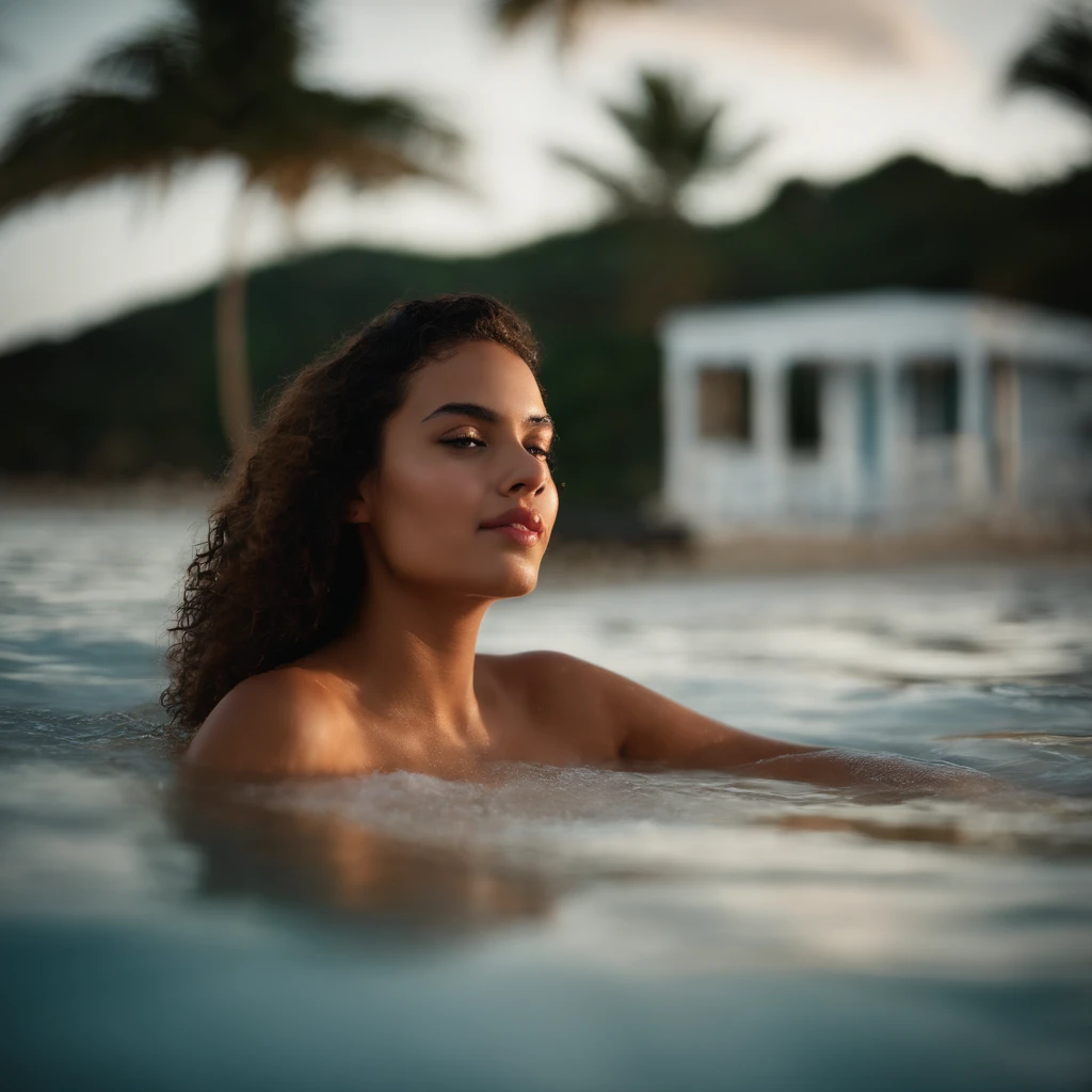 Arafed woman in the water with a house in the background - SeaArt AI