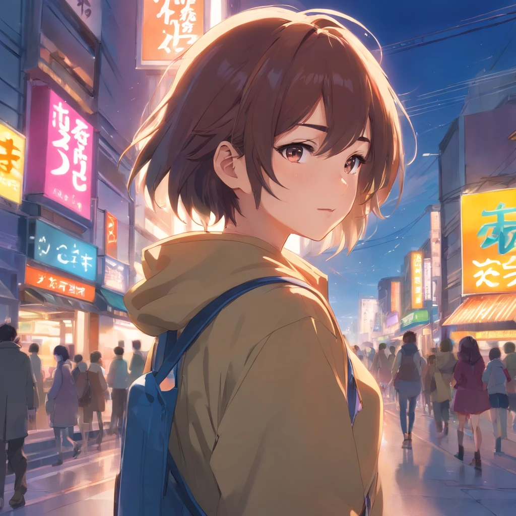 Anime girl in a city at night with a backpack - SeaArt AI