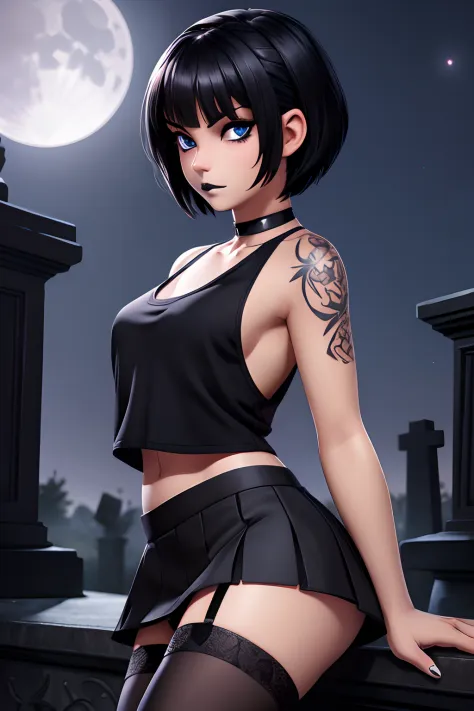 goth girl, suicide girl, Short haircut Karé, Beautiful cute face, Innocent, Charming, Embarrassed, Dark Makeup Black Lipstick, tattoos on body, black choker around the neck, Facing the camera, Skin color: white, Body glare, ((pretty eyes)), kblack eyes, ((...