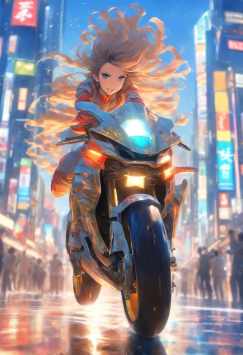 distant full body view,full body,to toe, to heels, to hands,　japanes　18 only　Beautuful Women　Expressway with a good view of Tokyo in clear daylight　With smiling eyes　She tilted the body of the motorcycle she rode and ran　Pursued by frantic police patrol ca...