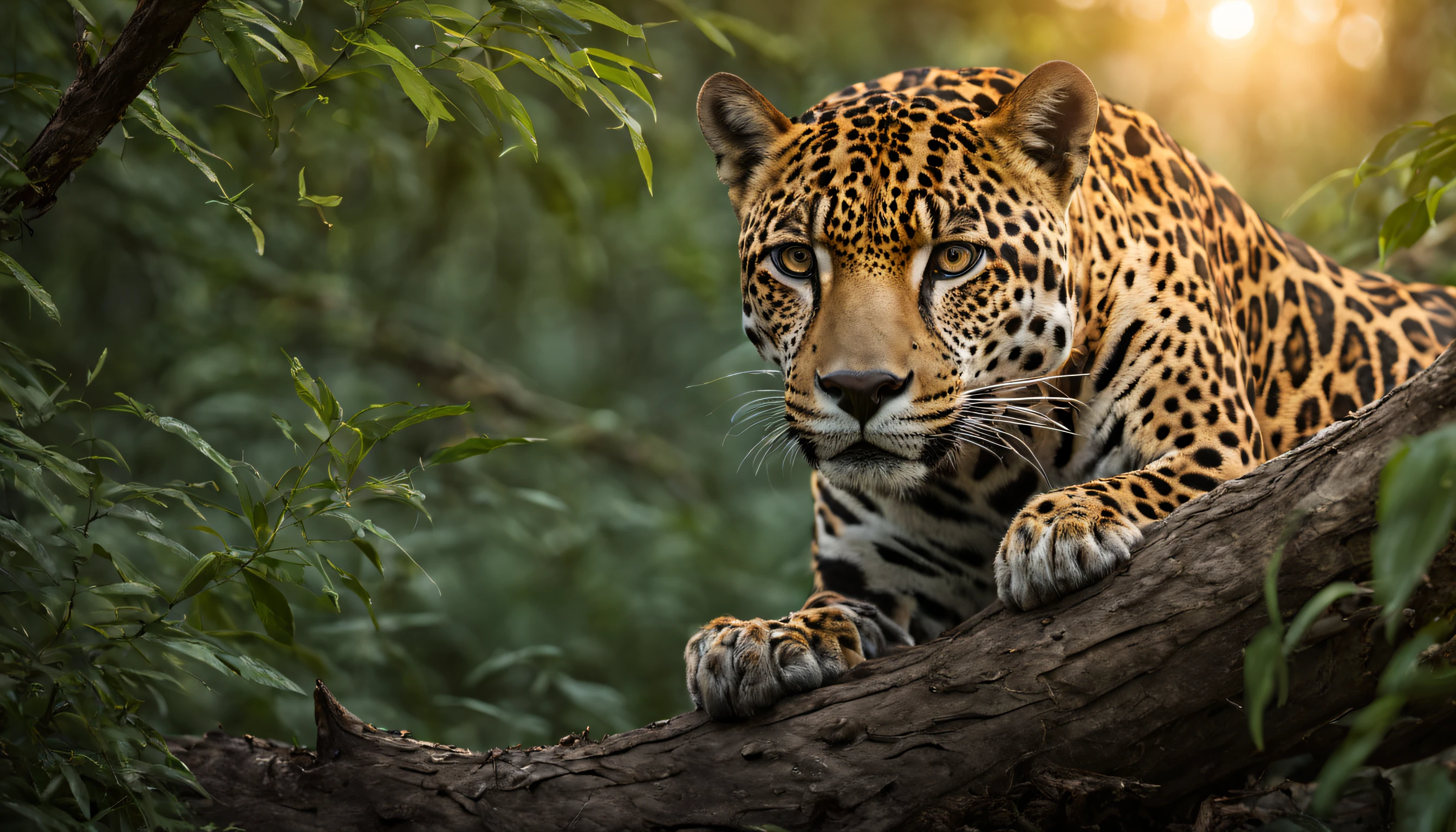 Foto eines Jaguars, der zwischen Ästen und Blättern lauert und einen Alligator im mit dem National Geographic Award ausgezeichneten Wildlife River beobachtet | Rocky Mountain Forest an einem Tag mit Sonnenuntergang | Ganzkörperansicht | sehr detailliert | Hohe Auflösung | den Betrachter mit einem intensiven Gaze anschauend | räuberisch | hyperdetaillierte Augen | scharfer Fokus | Natürliches Licht