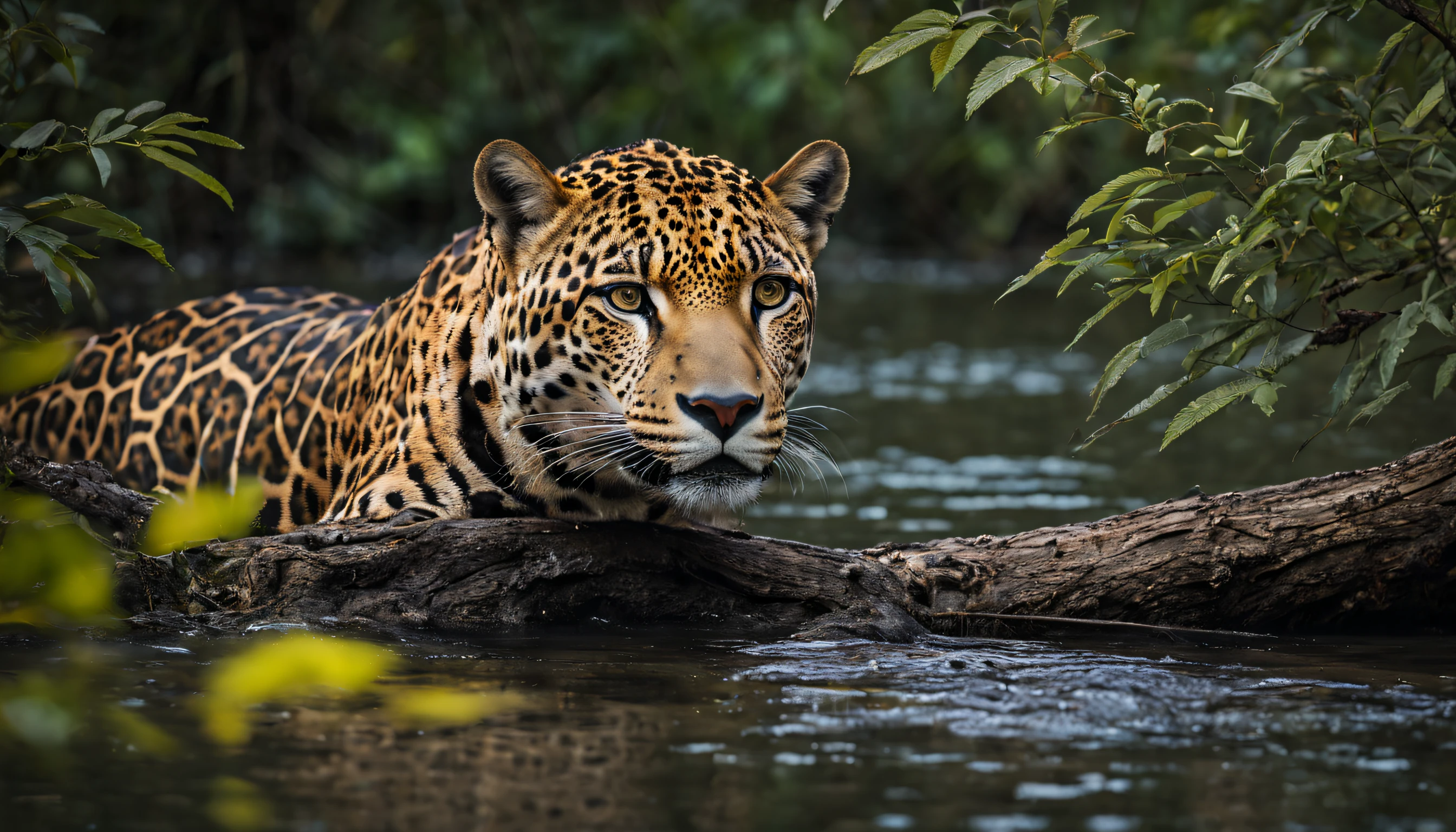 Foto de un jaguar acechando entre ramas y hojas observando a un caimán en el río de vida silvestre ganador del Premio National Geographic | Bosque de las Montañas Rocosas en un día de puesta de sol | vista de cuerpo completo | muy detallado | Alta resolución | mirando al espectador con una gasa intensa | depredador | ojos hiper detallados | enfoque nítido | luz natural