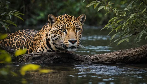 photo of a jaguar lurking among branches and leaves watching an alligator in the national geographic award-winning wildlife rive...