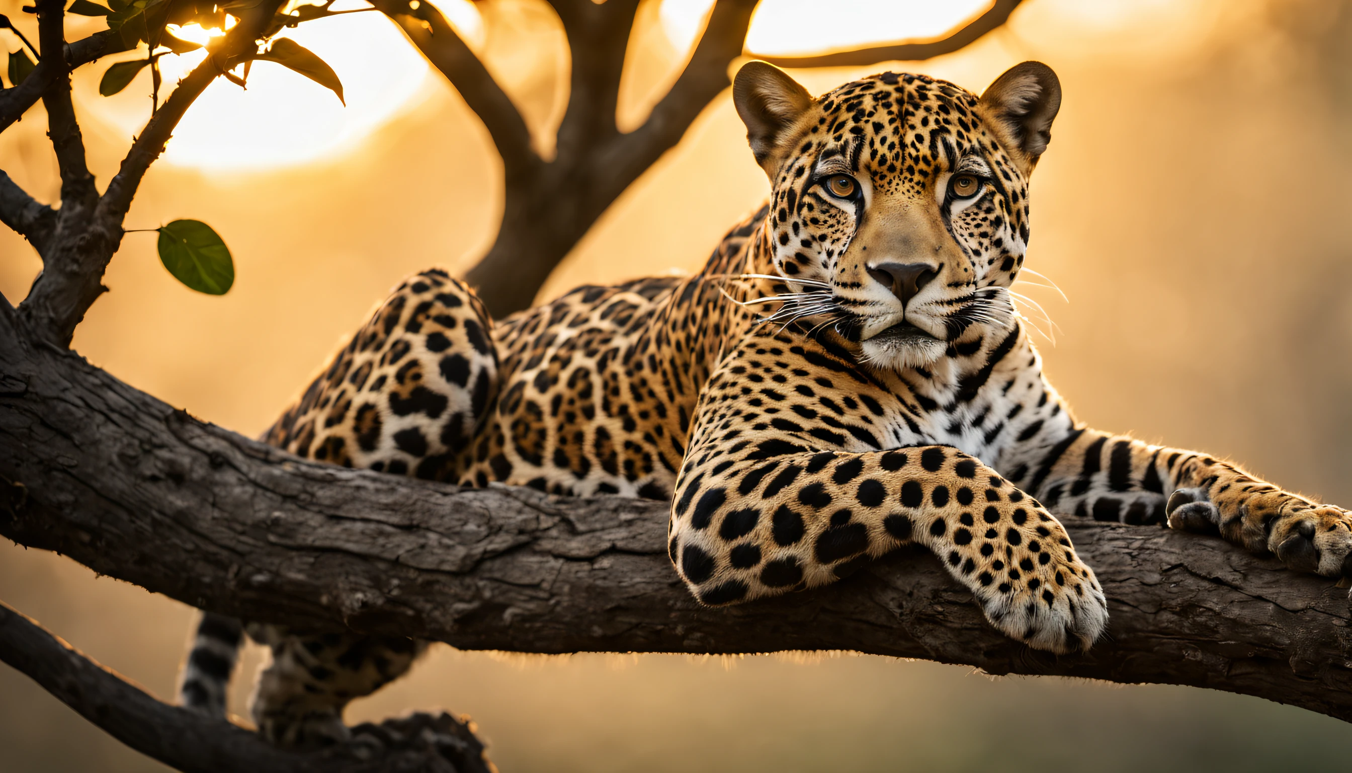 National Geographic Award-winning wildlife photo of a jaguar lying on a tree branch relaxed, resting | forest a sunset day | full body view | highly detailed | high resolution | looking at the viewer with an intense gauze | predatory | hyper detailed eyes | sharp focus | natural light