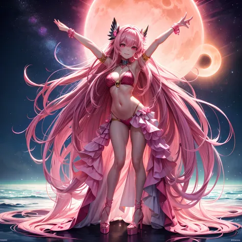 Long Pink hair, glowing pink eyes, sparkling pink bikini, pink jewelry, pink high heels, standing with legs spread wide, both hands reaching dowards viewer, framed by large solar eclipse on the horizon in the background, big smile,